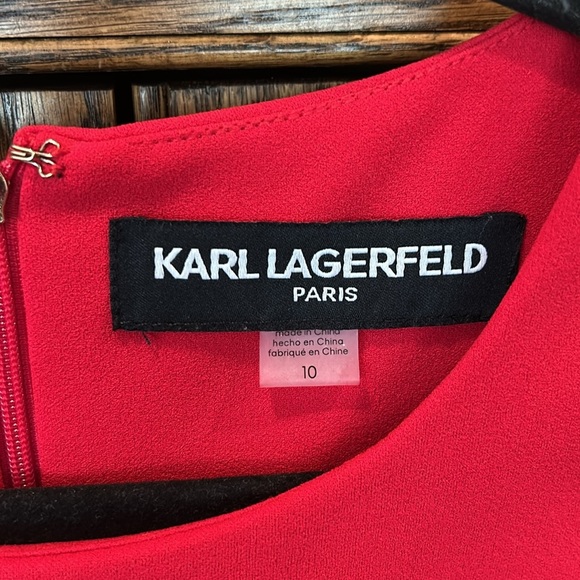 Karl Lagerfeld Paris Cherry Red Ruffle Cap Sleeve Sheath Dress women’s size 10 - Picture 3 of 6